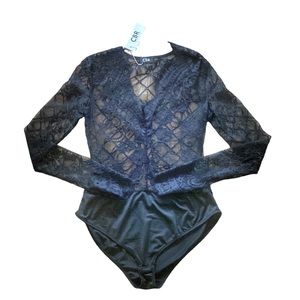 CBR Long Sleeve Lace Bodysuit NWT Snap Enclosure Sexy Flirty Black Lingerie LG